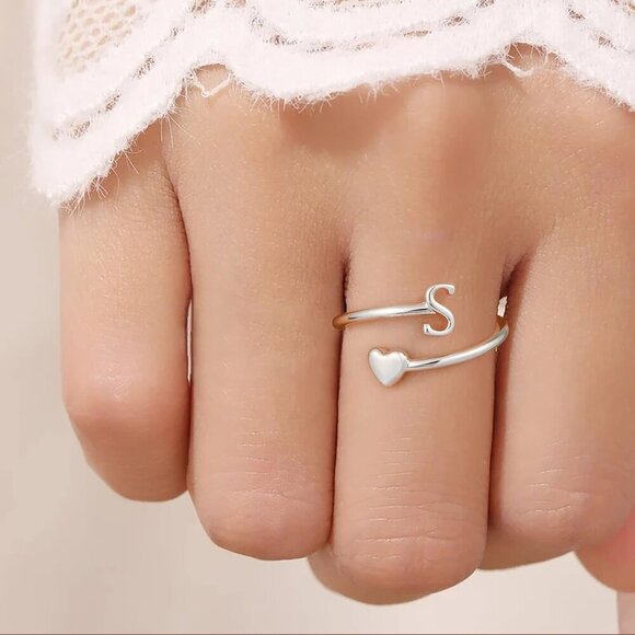 Heart Initial Rings for Women Teen Girls, Stackable Rings Cute Dainty Adjustable - Picture 5 of 8